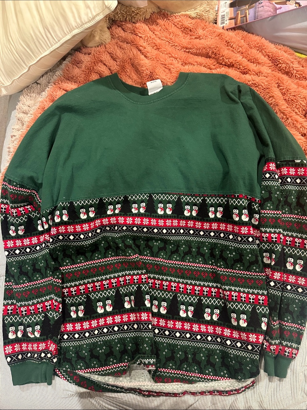 Men's Green Crewneck Holiday Sweater with Patterned Bands